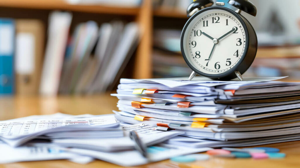 Réveil posé sur une pile de dossiers annotés, rappel de la date limite du BPF