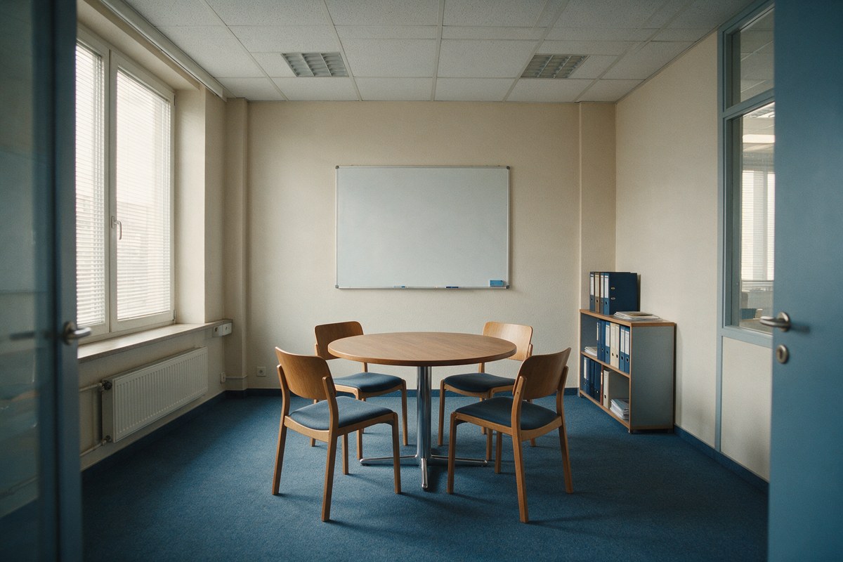 Salle de réunion calme et vide, table ronde et tableau blanc : l'environnement confidentiel attendu d'un centre de bilans