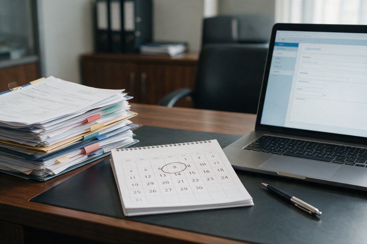 Pile de dossiers administratifs, calendrier à la date entourée et formulaire sur un ordinateur : les démarches de création d'un CFA à enchaîner