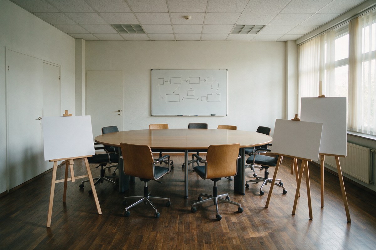 Salle de réunion vide avec tableau blanc et table ovale : le conseil de perfectionnement d'un CFA