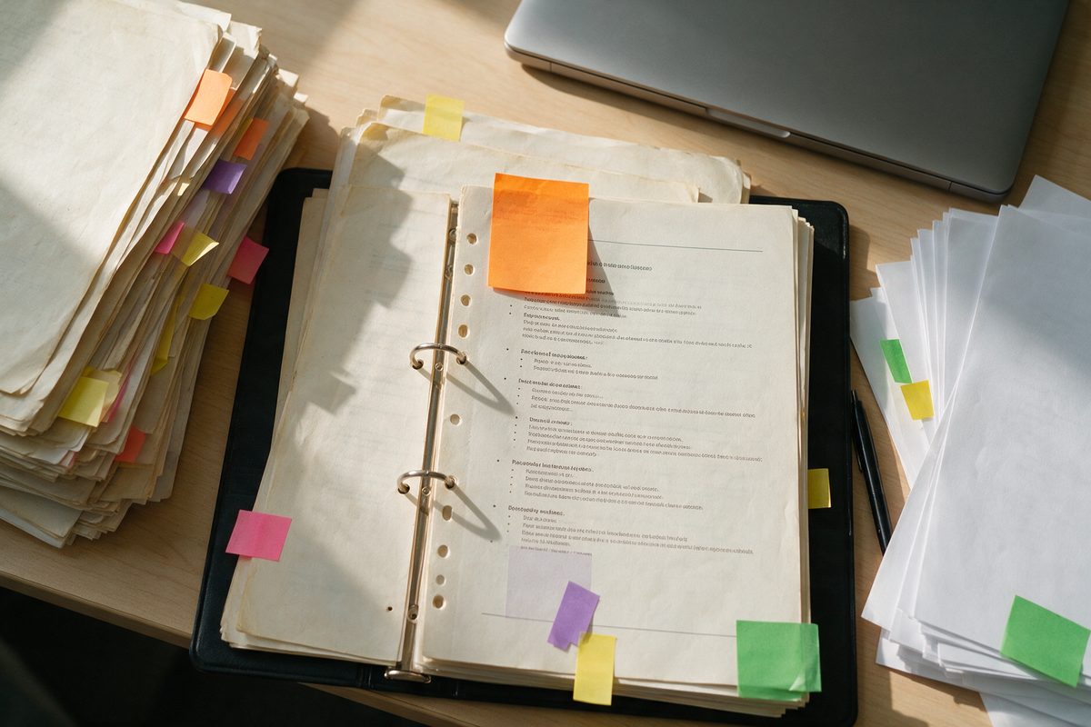 Classeur de procédures qualité ouvert avec notes adhésives : des documents à mettre à jour avant l'audit de renouvellement